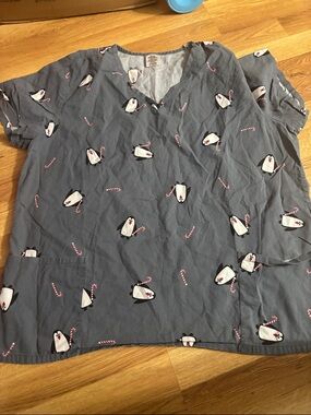 Gray Penguin Print Scrub Top with Candy Canes medical scrub top
